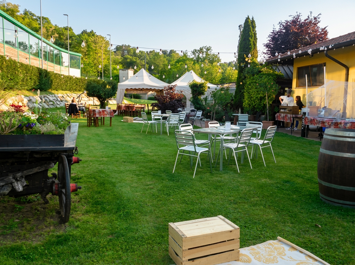 Tavoli e sedie sul prato davanti ai gazebo bianchi